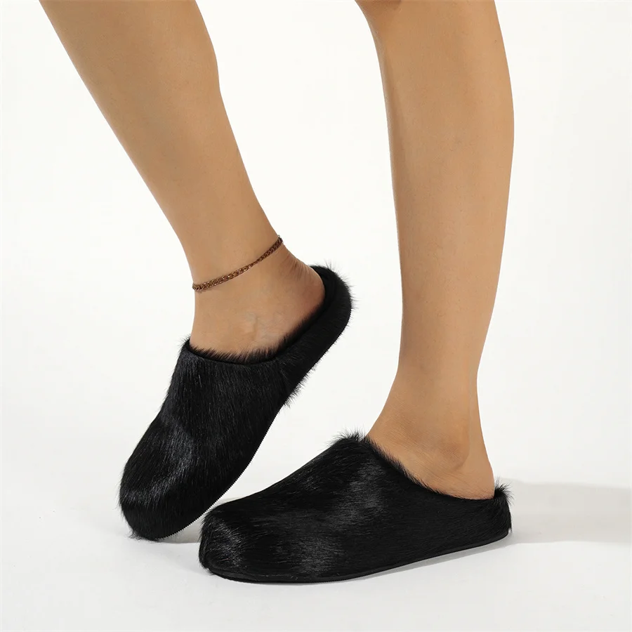 Мужские и женские шлепанцы тапочки из конского волоса на плоской подошве меховые