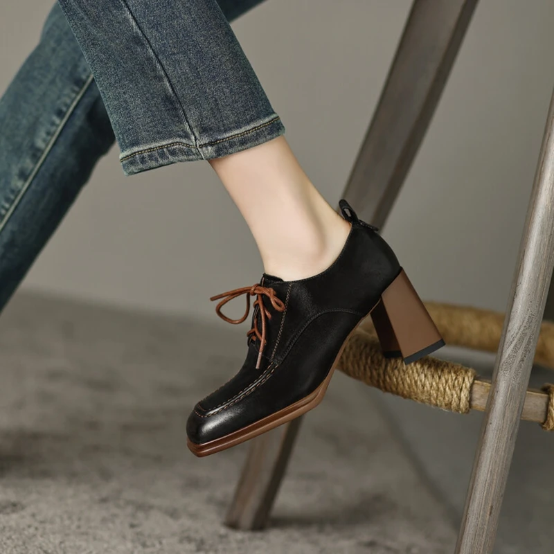 NEW Spring/Autumn Women Loafers Square Toe High heels Genuine Leather Chunky Heel Pumps Women Plus Sizes Retro Lace Black Shoes