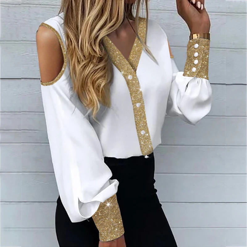 New Fashion Glitter Patchwork V Neck Blouse Women Casual Button Long Sleeve Tops Blusa Office Lady Elegant Hollow Shirt Pullover