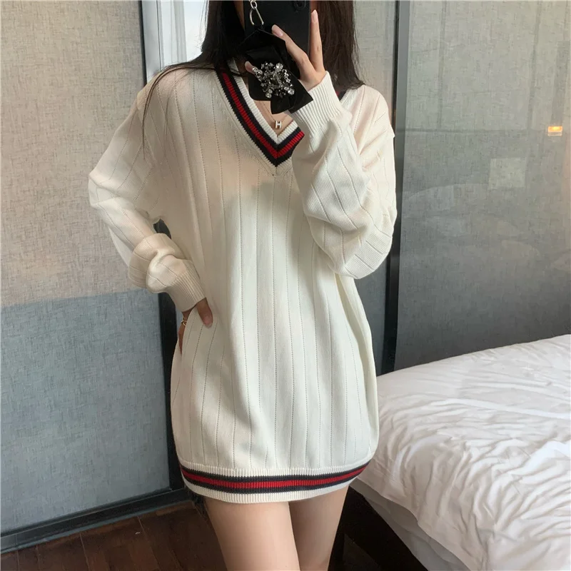 Korean Fashion TB Autumn and Winter New V-neck Pullover Sweater Women's Loose Outwear Medium Length Knitted Top