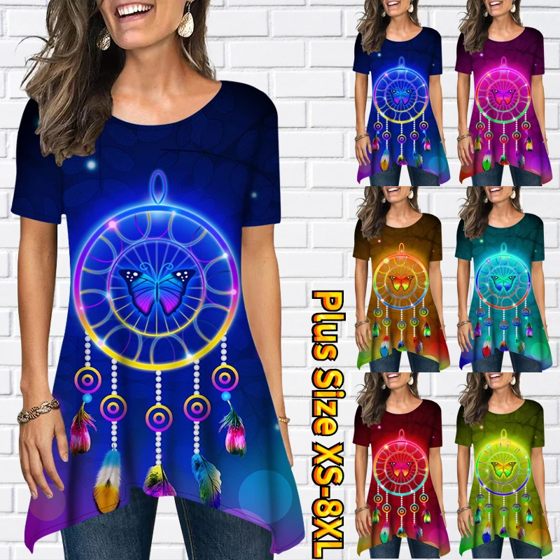 

Gradient Top Short Sleeve Butterfly Printing Pullover Casual T Shirts Summer Women Tee Elegance T-shirt Round Neck Loose Tee