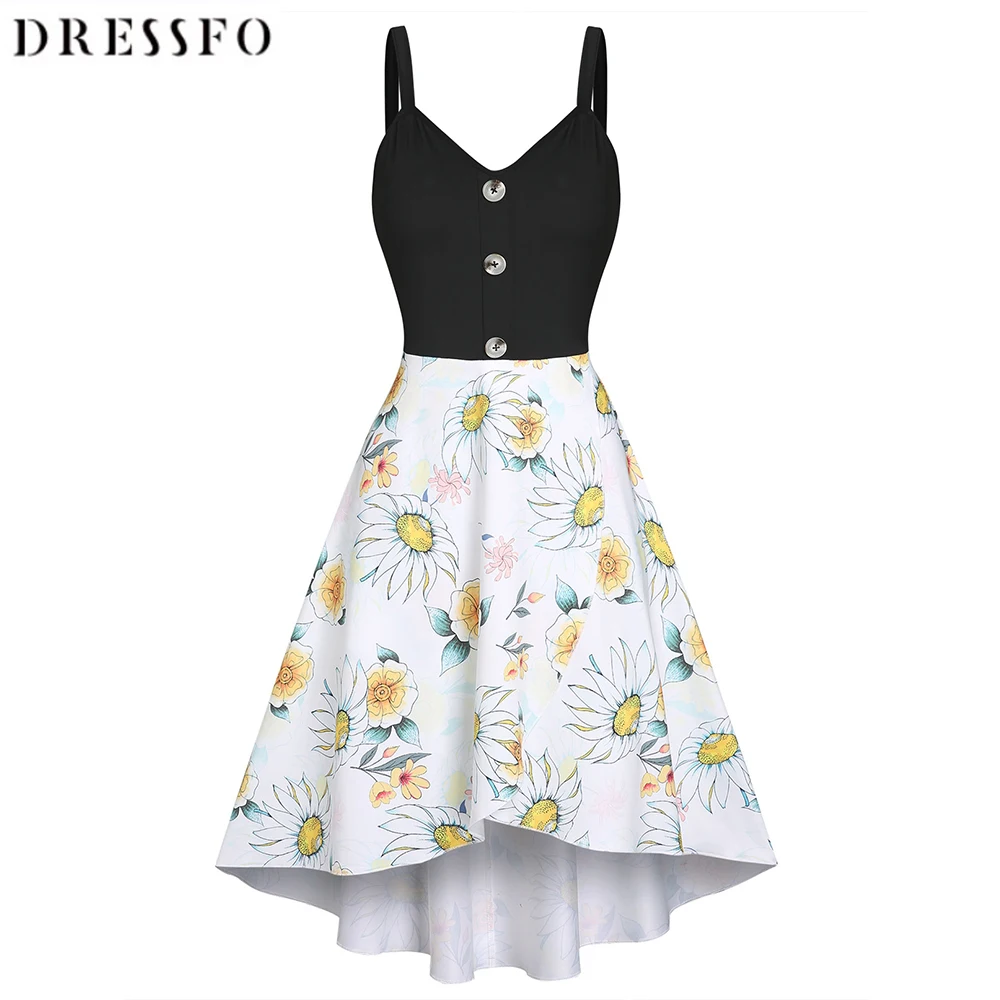 

Dressfo Women Sunflower Dress Floral Mock Button High Low Sleeveless Long Dress A Line Casual High Waisted Dress 2023
