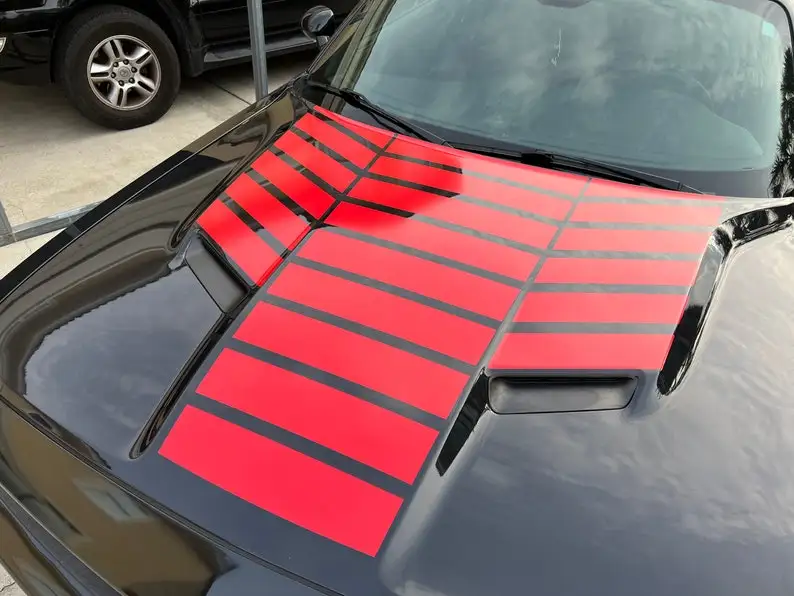 

Fits Dodge Challenger Strobe Hood Center & Wing Graphic Decal fit 2015-2018 (15 Colors) Pre-Cut