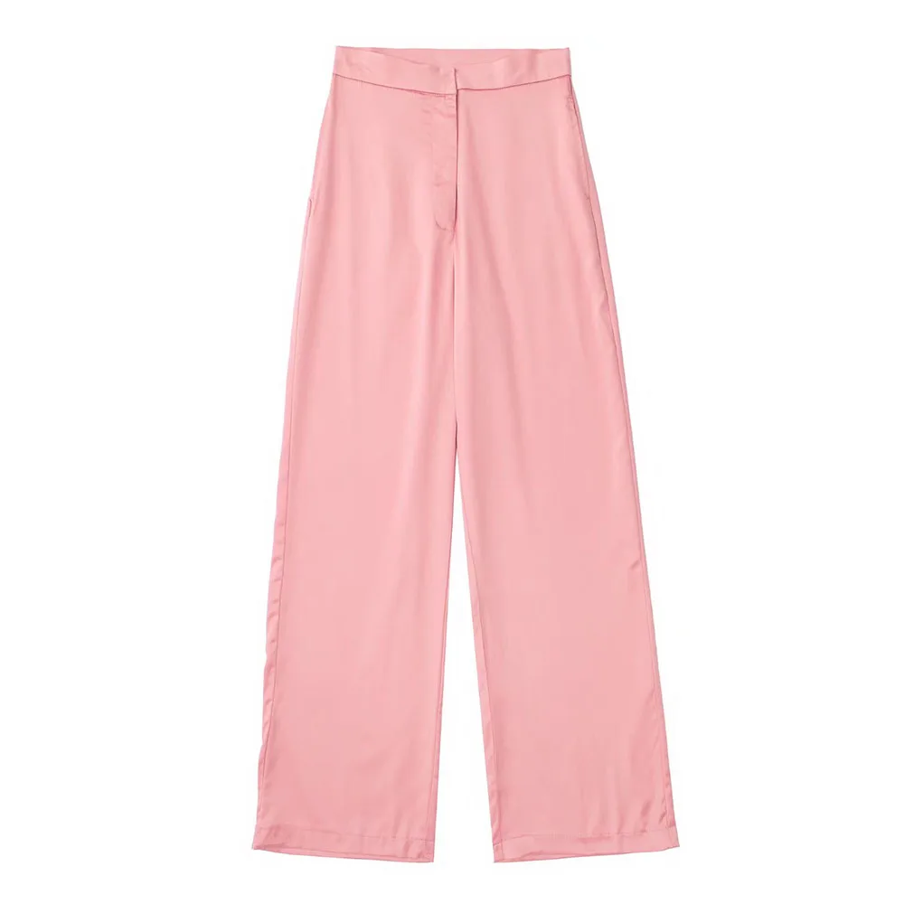 

ZATRHMBM Female clothing Fashion Straight Fit Satin Trousers Vintage side pocket zipper access control Women pants high waist