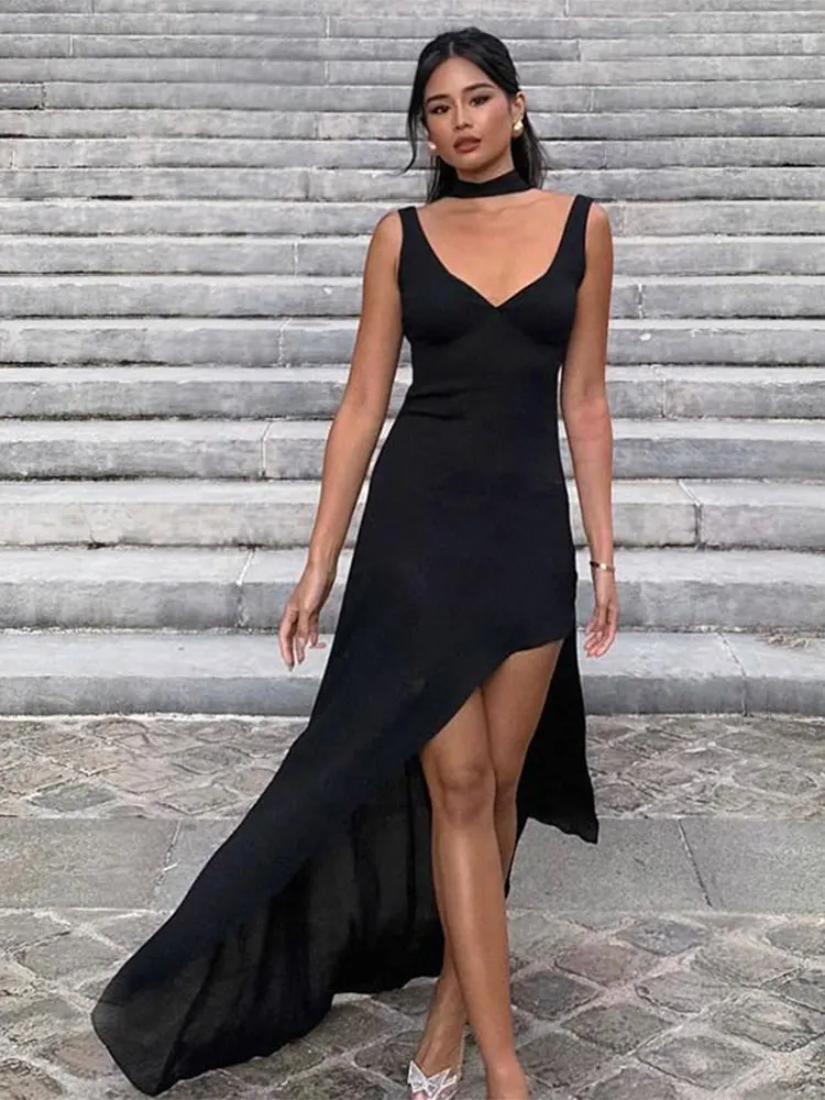 

Elegant Black Split Maxi Dress Women Sexy V-Neck Sleeveless Bodycon Dresses 2023 Summer Lady Chic Backless Evening Robes