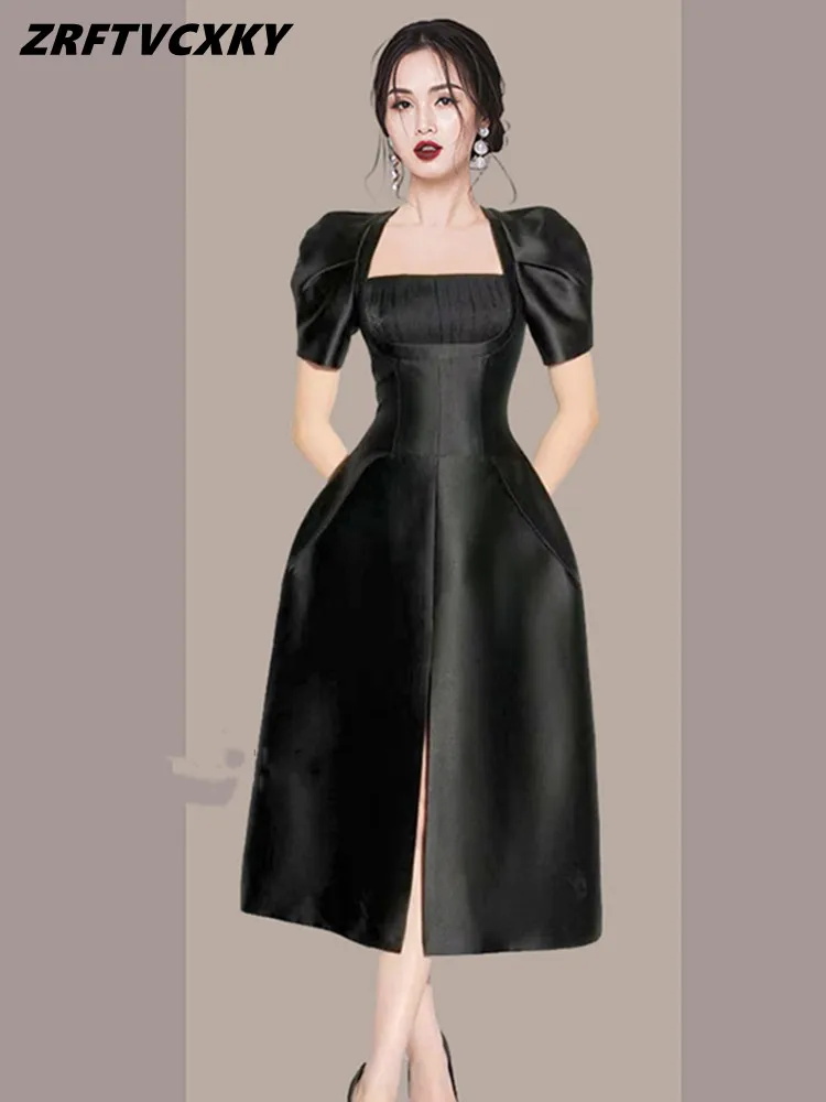 

Женское винтажное платье с квадратным вырезом, элегантное черное платье с пышными рукавами и высокой талией, лето 2022