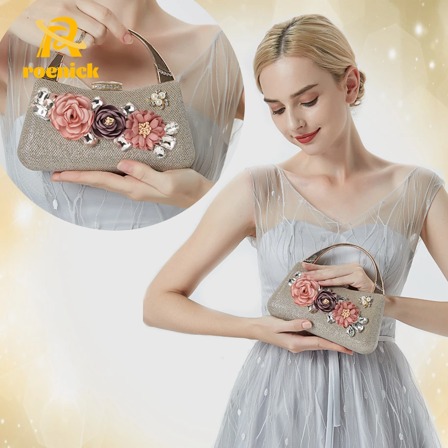 

ROENICK Women's Flower Evening Bags with Handle Female Party Cocktail Club Dress Mini Totes Pearl Luxury Designer Handbags Purse