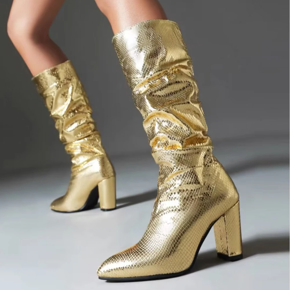 

Cowboy Cowgirl Boots for Women 2023 Slip on Metallic Silver Stacked Heeled Western Mid Calf Woman Boots Casual Brand Luxury Shoe