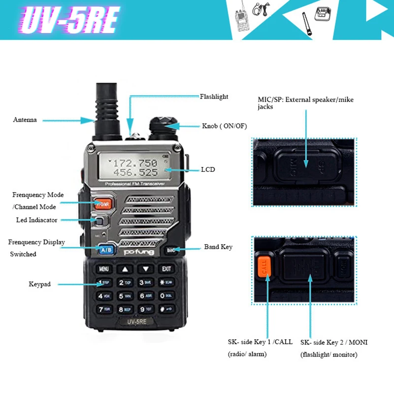 Walkie-talkie Pofung UV-5RE 8W Ham Radio Handheld with 2800mAh Battery Dual Band 136-174/400-480MHz VHF/UHF 5R PLUS