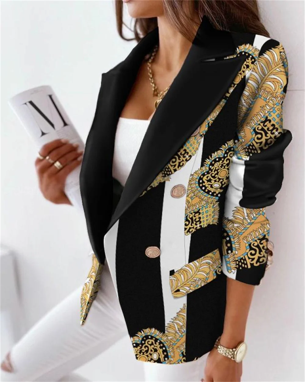 Print Women Jackets 2023 New in Casual Long Sleeve Double Breasted Slim Blazer Coats Elegant Office Ladies Formal Outerwear