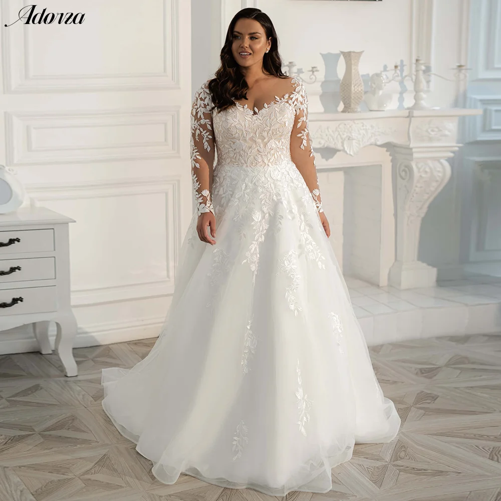 

Adorza Vintage A-Line Plus Size Wedding Dress Lace Applique Button Back Long Sleeves Tulle Bridal Gown Big Vestido De Noiva