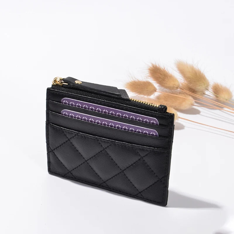 

Genuine leather card holder for women Fashion Rhombic lattice sheepskin men's Credit/ID/bank card bag with Zip coin purse wallet