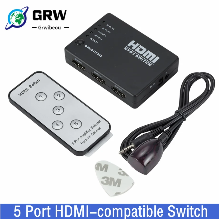 

5 Port HDMI-Compatible Switch 1080p Selector Splitter Hub With IR Remote Controller For HDTV DVD BOX 5 In 1 Out HDMI Switcher
