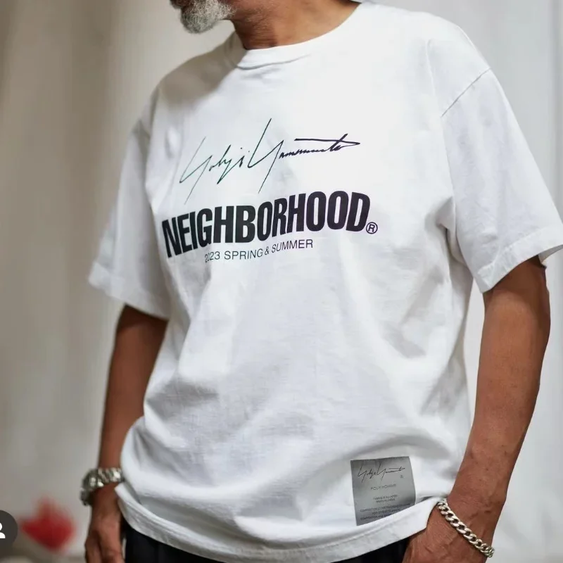 

Yohji Yamamoto X Neighborhood Co-Branded Men's Short Sleeved T-Shirts 2023 New Alphabet Printed NBHD Oversized Tees Cotton Tops