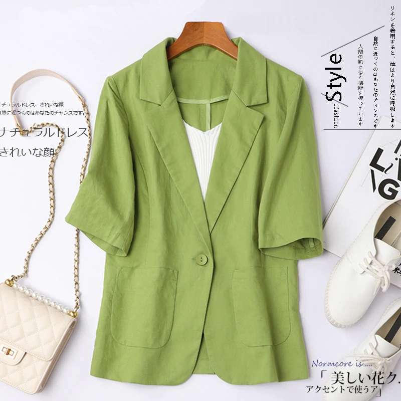 Cotton Linen Blazer Jacket Women Summer Outwear High Quality Solid Single Button Notched Blazer Suits Women's Short Sleeve Top