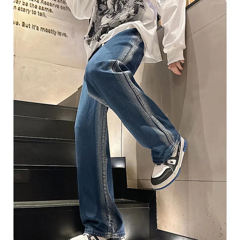 Men Clothing 2022 New Pattern Vintage Recreational Versatile Blue Jeans Loose Straight Cylinder Broad Leg Trousers Autumn Female