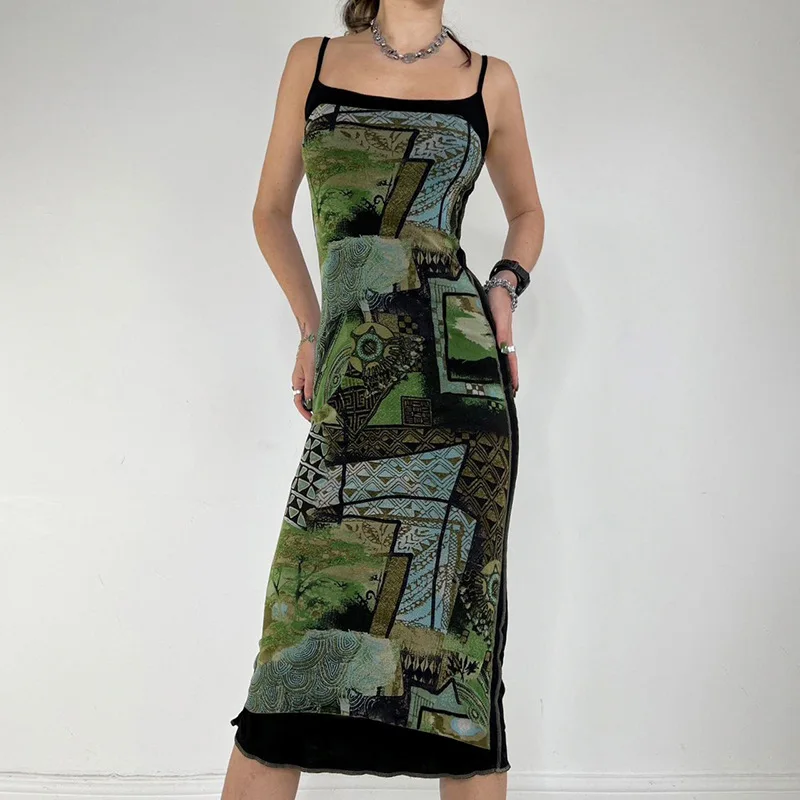 

Retro Elements Printed Slim Fitting Suspender Long Dress for Vacation, Casual, Spicy Girl, Slimming Retro Color Contrast Dress
