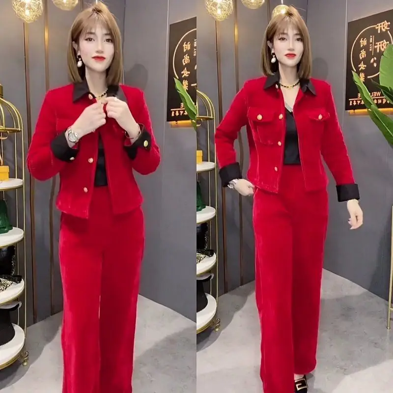 Женский вельветовый костюм в полоску однобортный короткий пиджак с длинным