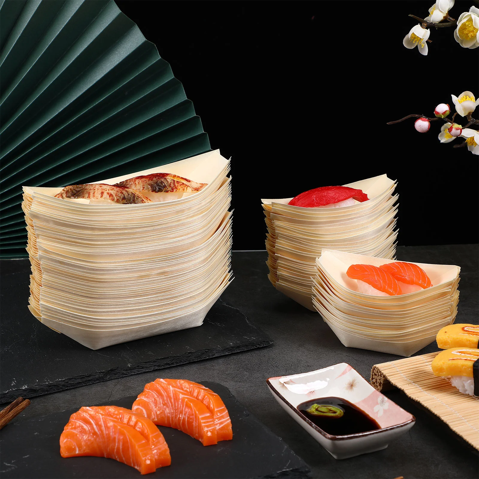 

100 Pcs Wooden Kayak Pallet Disposable Sushi Plates Packing Box Container Tray Serving Boat Child Food