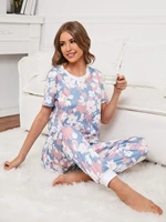 2022 new allover floral print contrast trim tee pants pj set pajamas fashionable womens suit
