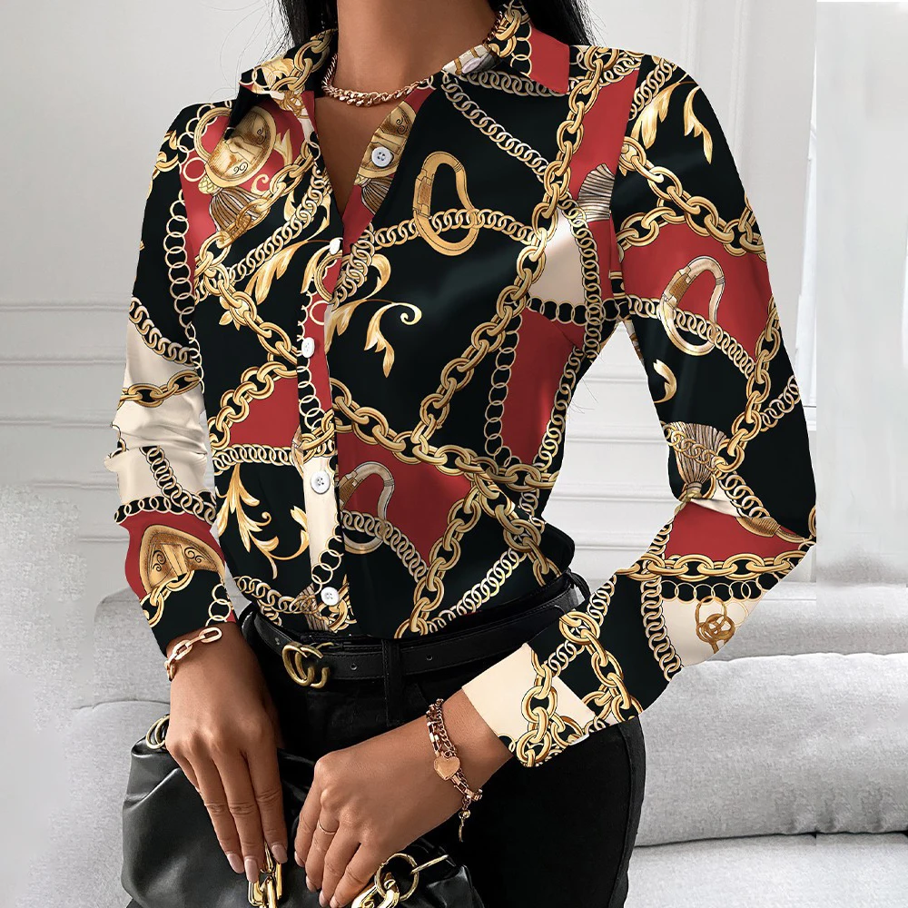

Women’s Turn Down collar Print Shirt Spring Summer Fashion Button Women Office Tops Vintage Long Sleeve Lady Clothing 2022