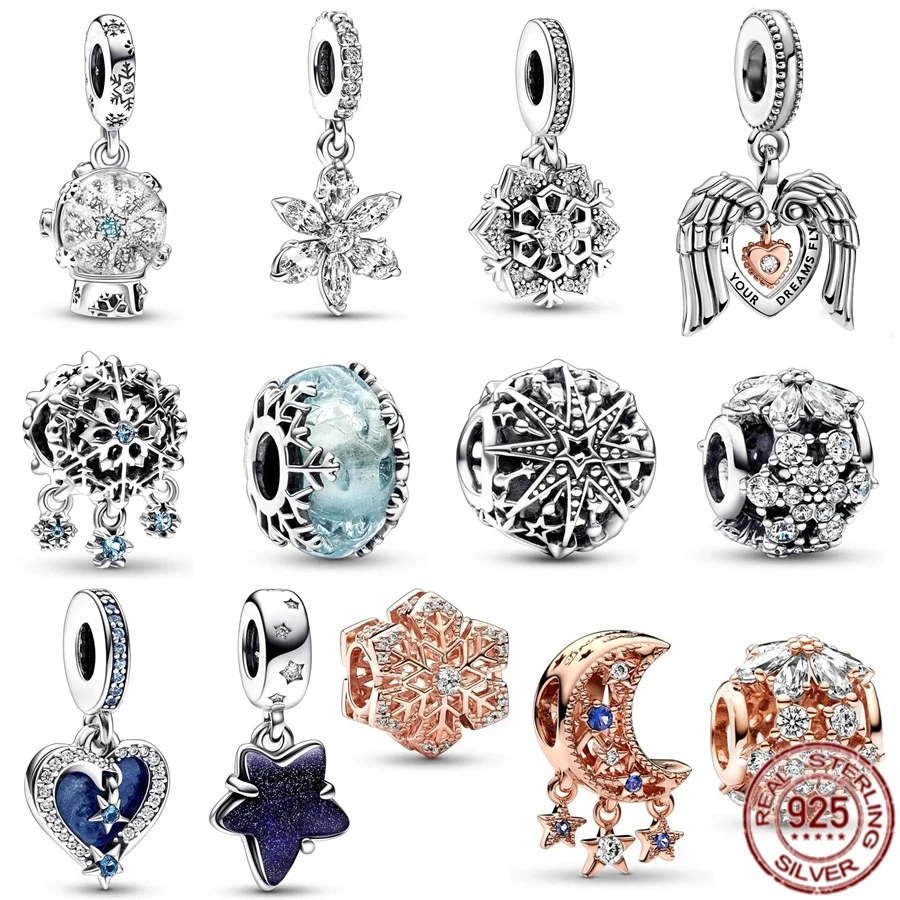 

New Charms 925 Sterling Silver Snowflake Beads Heart Wings Star Shiny DIY Bracelets Necklace Fit Original Pandora Jewelry Gifts