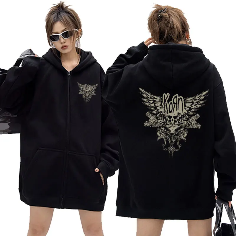 

Korn Skull Wings Girls Juniors Black Graphic Zipper Hoodie Men Vintage Oversized Zip Up Jacket Men's Gothic Rock Band Sweatshirt