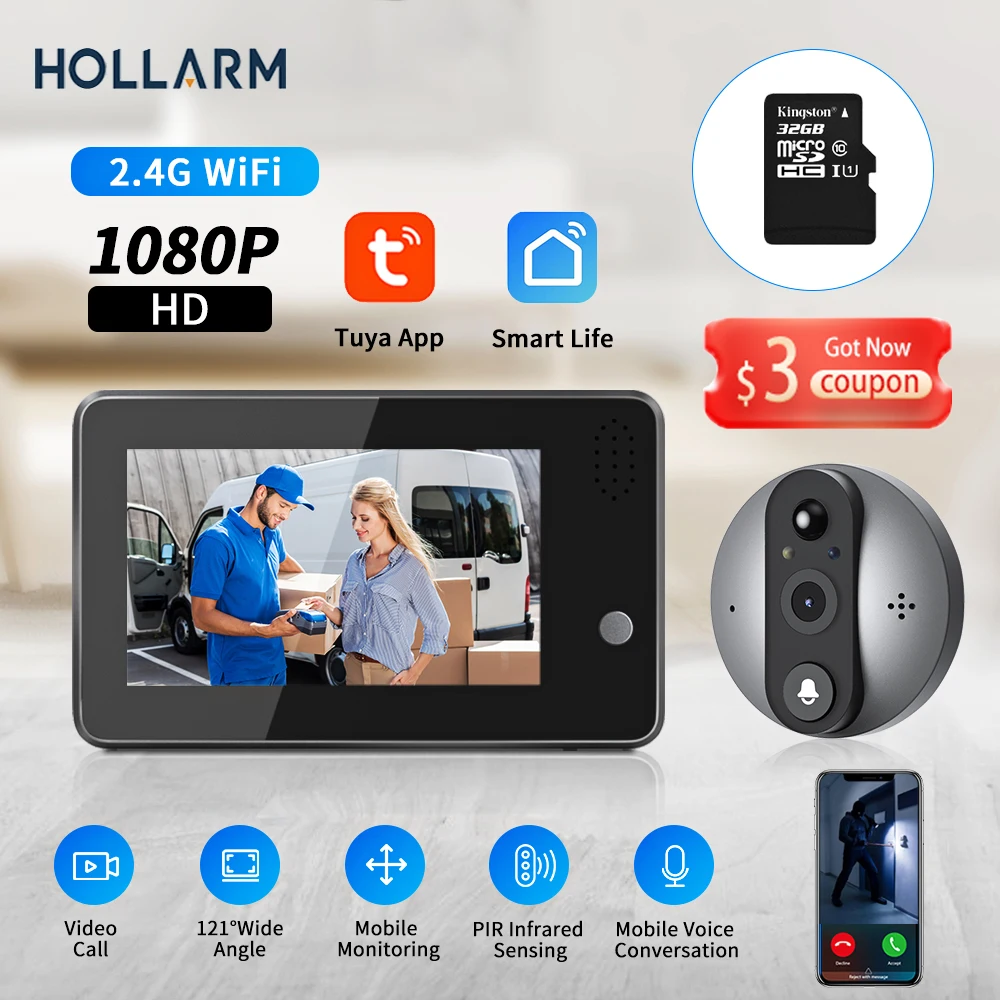 

Видеоглазок Hollarm с ЖК-дисплеем 4,3 дюйма, 1080P, 2 МП