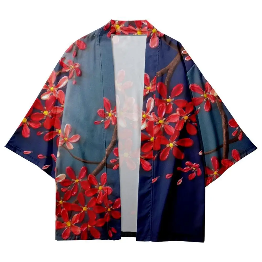 

Red Floral Printed Gradient Japanese Kimono Beach Shorts Men Women Looser Cardigan Yukata Clothing Harajuku Haori