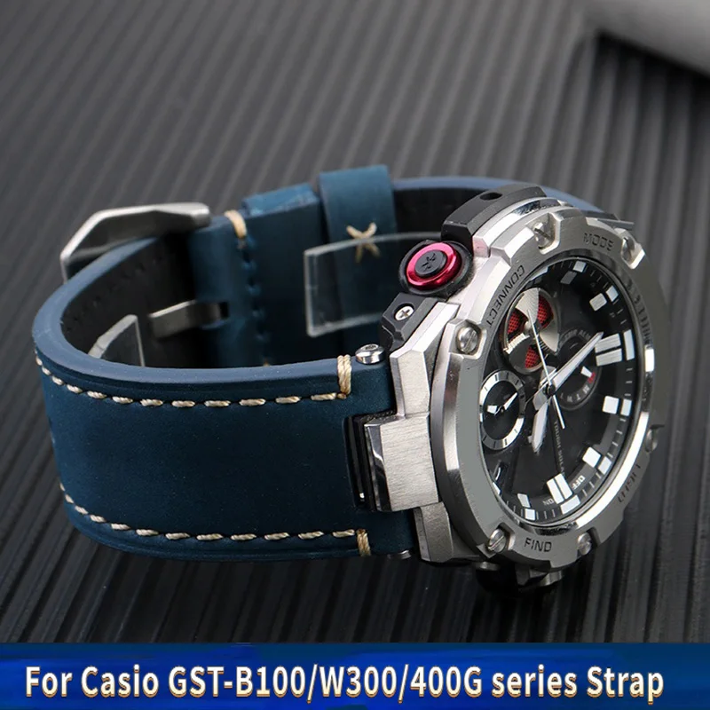 

New blue Cowhide Leather Watchband For G-SHOCK Casio GST-B100/S130/S110/S120/W130L/W100/210/W300 Retro Watch Strap Men Bracelet