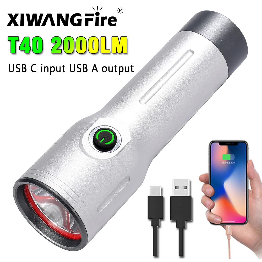 

Xiwangfire T40 Pro Powerful Rechargeable LED Flashlight Use 18650 or 26650 Battery Torch USB A Output 2000LM Camping LED Light