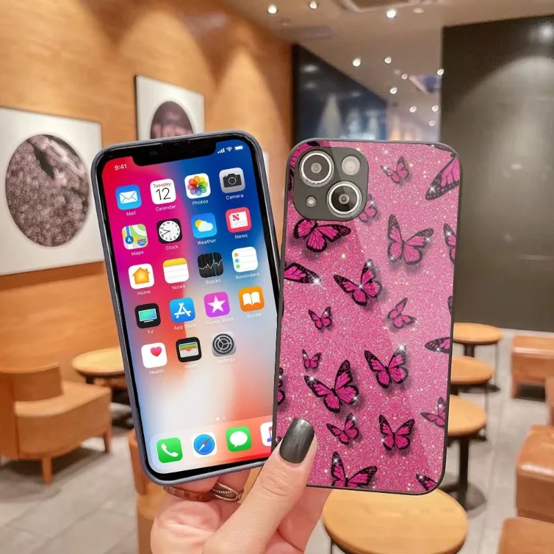 

Черный Роскошный розовый чехол с бабочкой для телефона iPhone 14 13 12 11 Pro Max X XR XS 8 7 Plus чехол из жидкого стекла