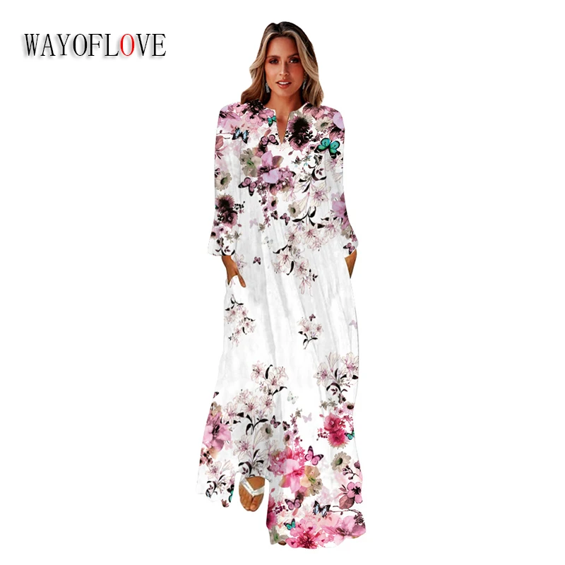 

WAYOFLOVE Woman Vintage Spring Autumn Long Dress Elegant Party Beach Casual Holiday Flowers Printed Vestidos Long Sleeve Dresses