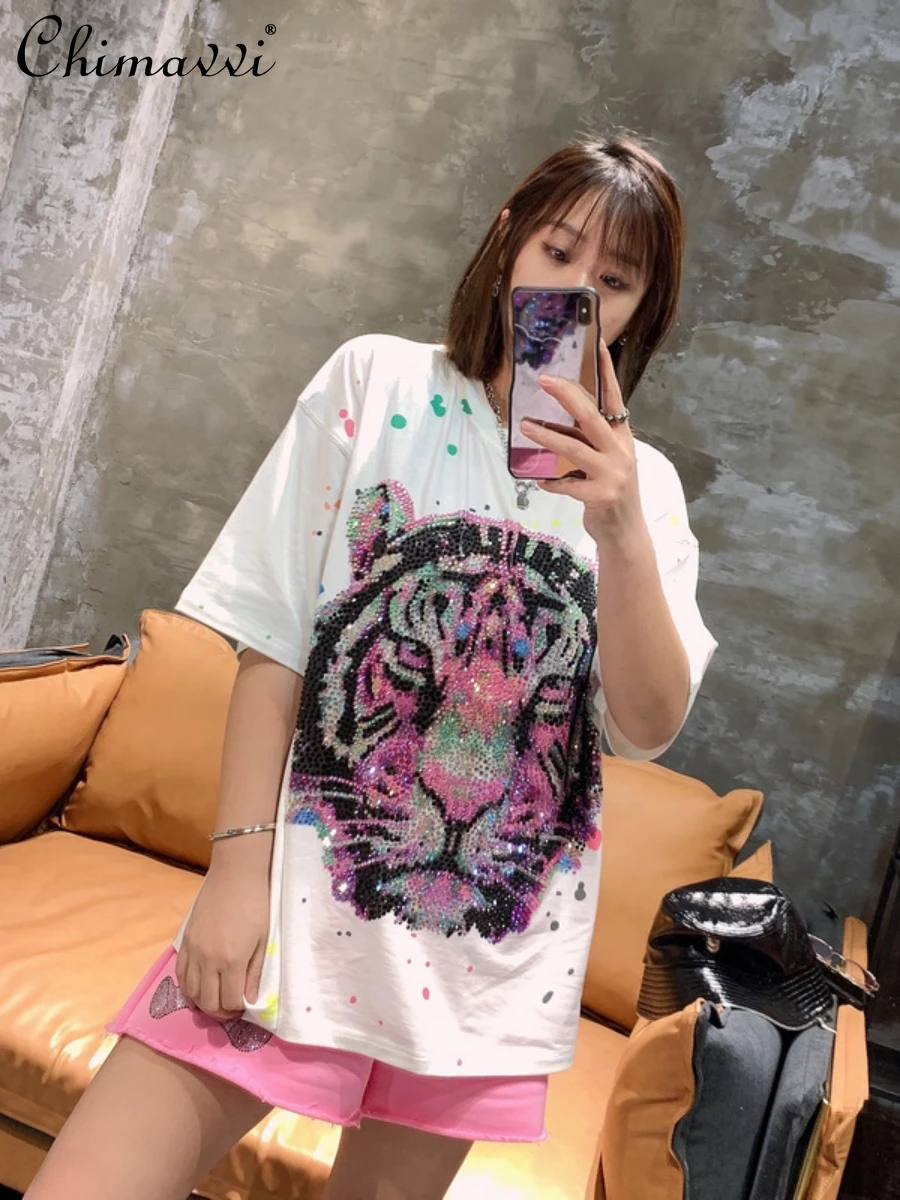 Round Neck T-shirt Colorful Crystals Personalized Graffiti Short Sleeve Loose Tshirts 2022 Summer New Streetwear Women's Tees