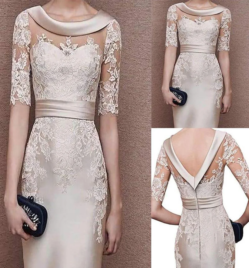 

Chic Mother Of The Bride Dresses Scoop Neck Appliqued Beaded Half Sleeves Wedding Guest Gowns Backless Floor Length Sheath Mothe