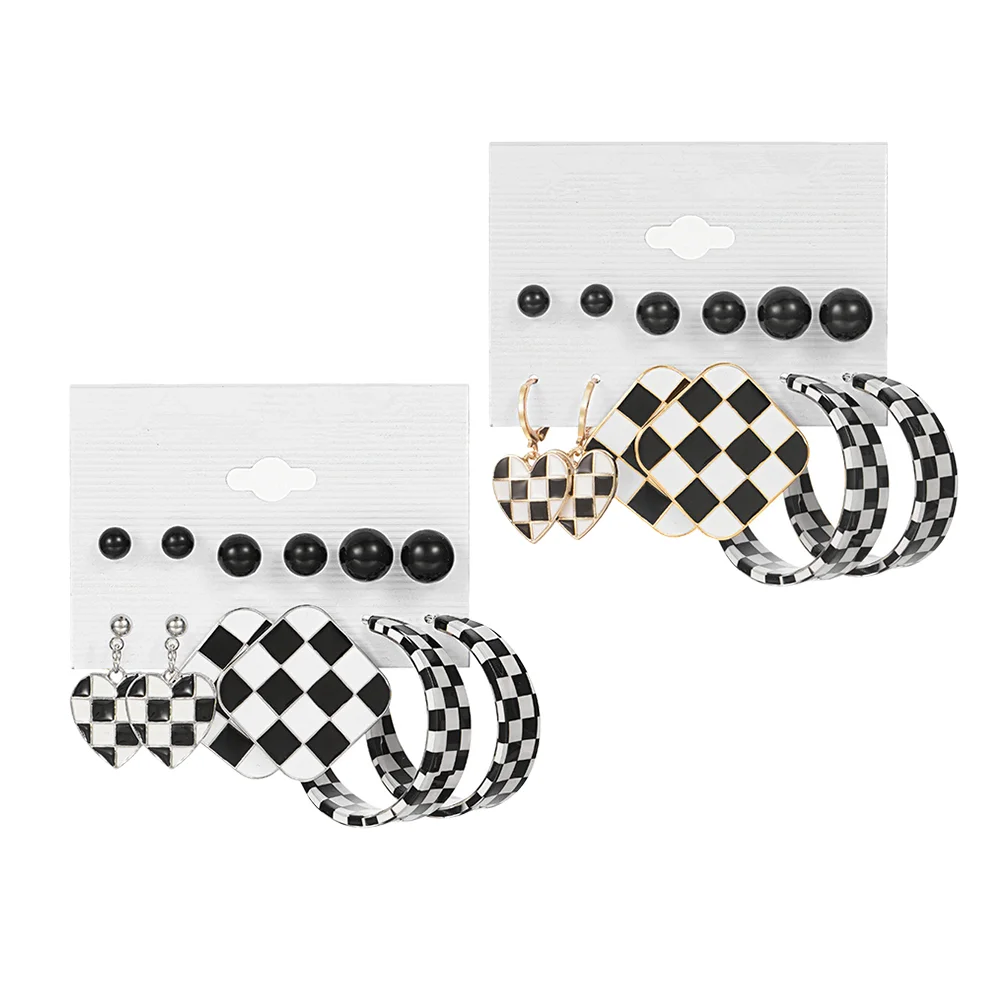 

12 Pairs Key Chain Ear Jewelry Women Bohemian Earrings Personality Striped Checkered Alloy Studs Miss Gold Suit