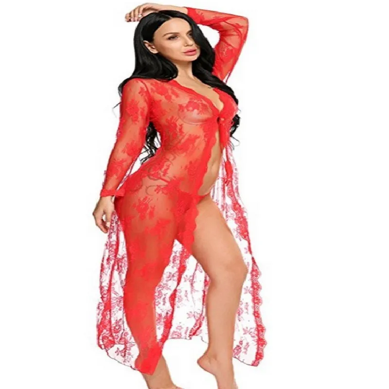 Sexy Lingerie Lace Robe Nightdress Female See-Through Lace Up Underwear Cardigan Long Nightgown Perspective Pajamas XXL