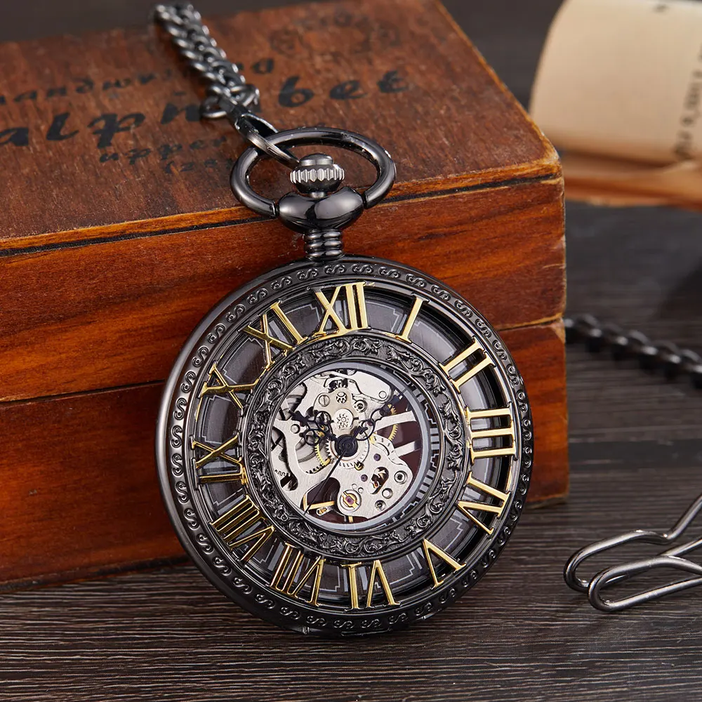 Vintage Mechanical Pocket Watch Men Women Roman Numerals Bronze Wood Hollow Fob Chain Hand Wind Steampunk Clock Skeleton Watch
