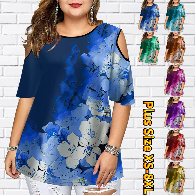 

2022 New Women Summer Vflower Prints Oversized Tops Casual Short Sleeve Round Collar Loose T-Shirt Off-the-shoulder Pullover