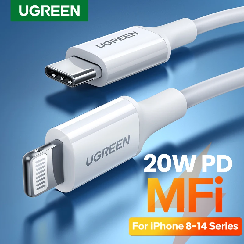 

Кабель UGREEN MFi с USB C на Lightning, сертифицированное зарядное устройство для iPhone 14, 13, 12, 11, Apple ipad, быстрая зарядка и передача данных, длиной 2 м