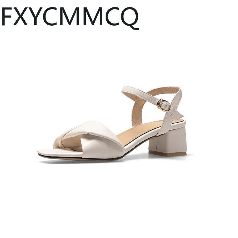 FXYCMMCQ 2023 New Leather Peep-toe Mid-heel Square Head Temperament Women Sandals Size 32-46 23-24