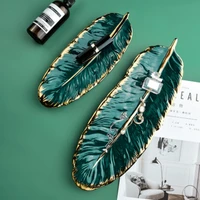 luxury ceramic platter storage tray with glod rim green leaf glod sushi plate feather jewelry makeup brush storage decorative