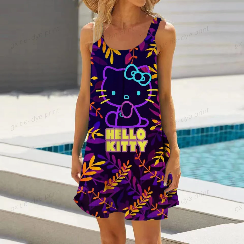 

Винтажное женское мини-платье трапециевидной формы, летнее модное Повседневное платье с V-образным вырезом и принтом Hello Kitty, элегантное женское платье с коротким рукавом