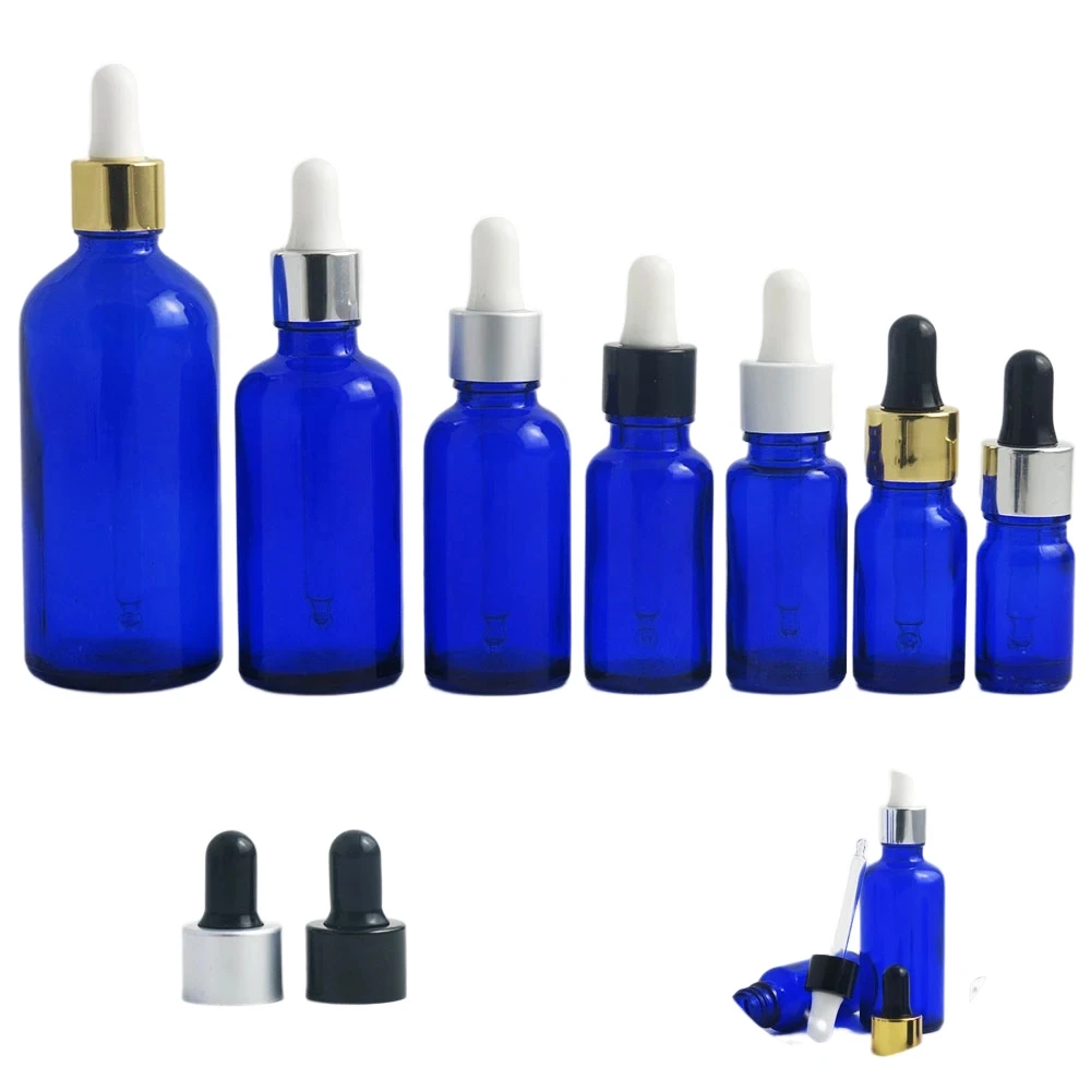 

15pcs 100ml 50ml 30ml 20ml 15ml 10ml 5ml empty blue glass dropper bottle e liquid essential oil bottle cosmetic container