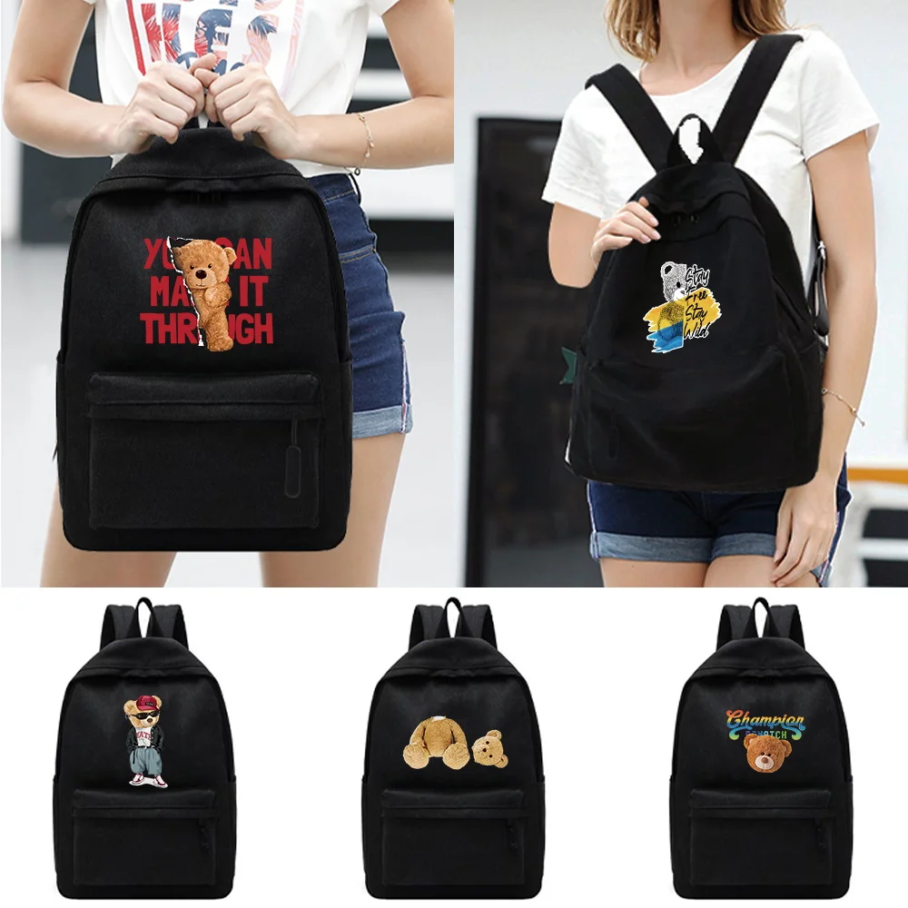 

Casual Travel Backpack Student School Bag Large Capacity Laptop Bag Canvas Bear Print Zipper Unisex Organizer Shoulder Bag