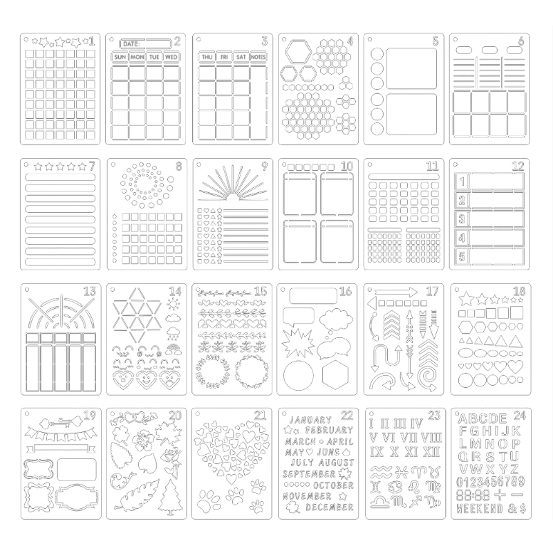 

57EC 24 Pack Journal Planner Stencils, Reusable Bullet Stencils Set for A5 Notebook & Most Journals, Includes Letter Stencil