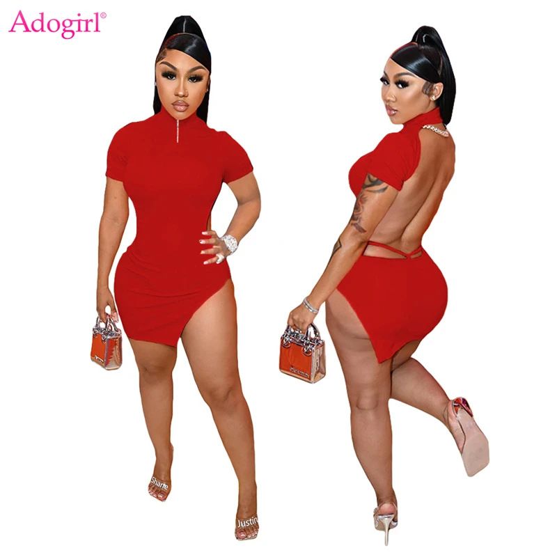 

Женское сексуальное однотонное платье Adogirl, асимметричное облегающее платье с молнией спереди, коротким рукавом и открытой спиной, одежда для ночного клуба Вечерние