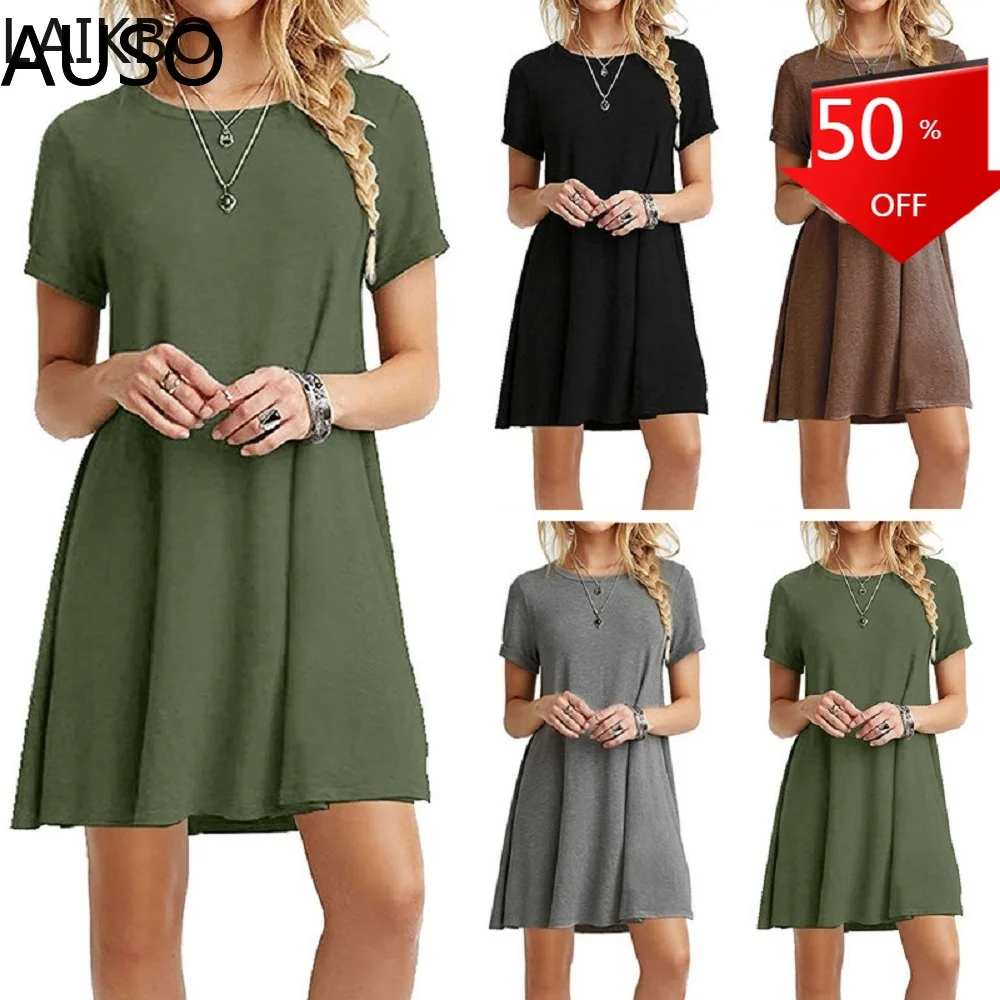 

Casual Boho Beach Dresses Womens O-Neck Party Summer Dress Short Sleeve Loose Mini Dress