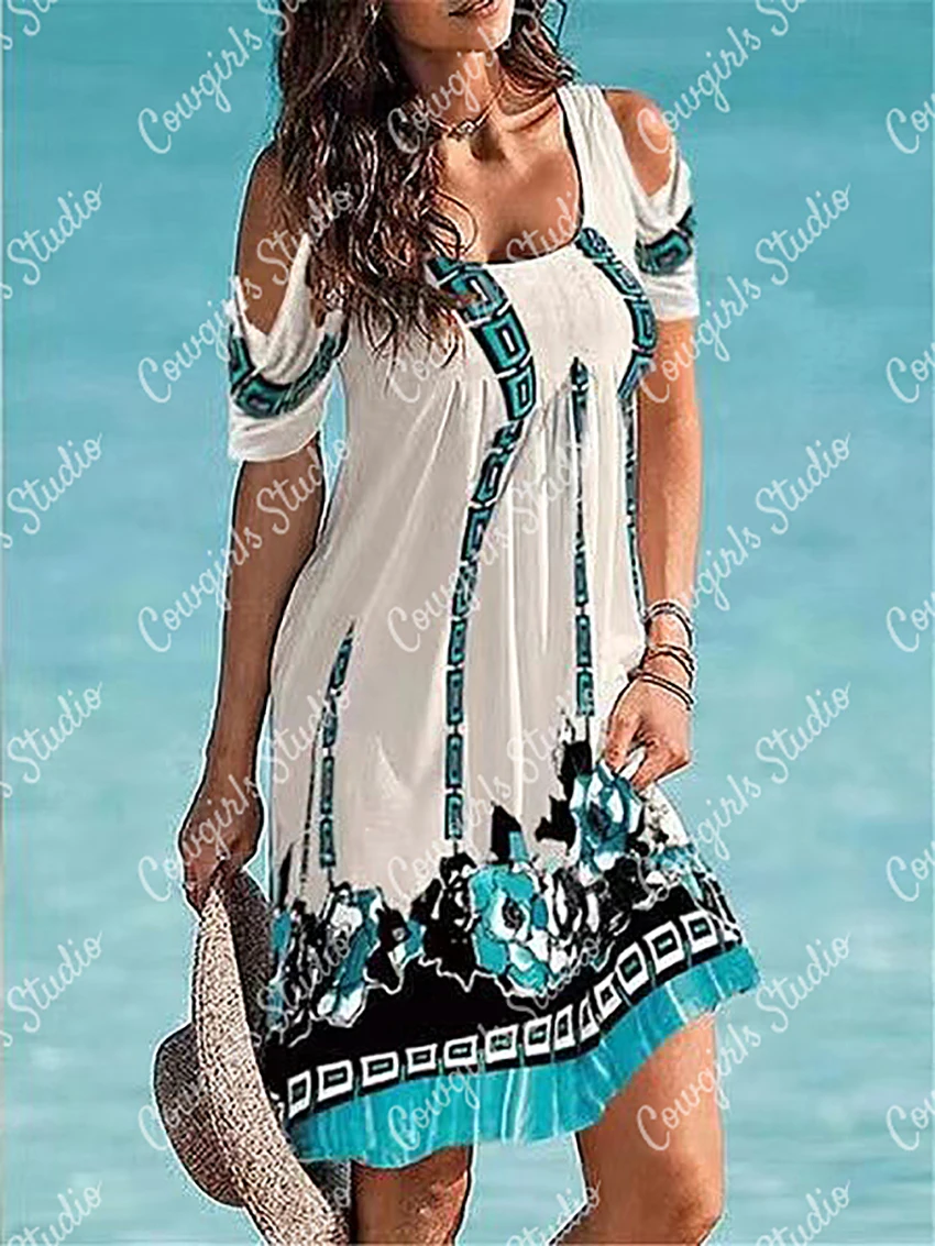 

Летние женские платья 2022, винтажное платье с этническим принтом, повседневное пикантное платье с открытыми плечами и круглым вырезом, Пляжн...