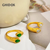 ghidbk double snake head white green cubic zirconia opening ring waterproof gold plated stainless steel texture finger jewelry